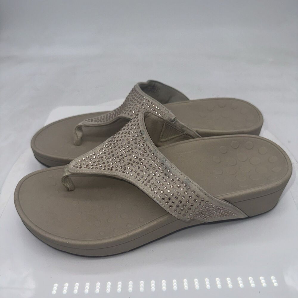 Vionic Women 8 Beige Bejeweled Thong Sandal Podiatrist Design Platform Comfort